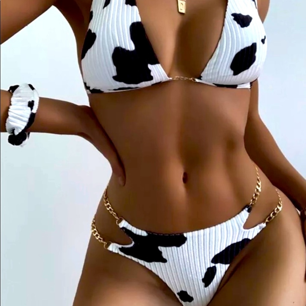 Cow Print 2 piece halter bikini set with chains